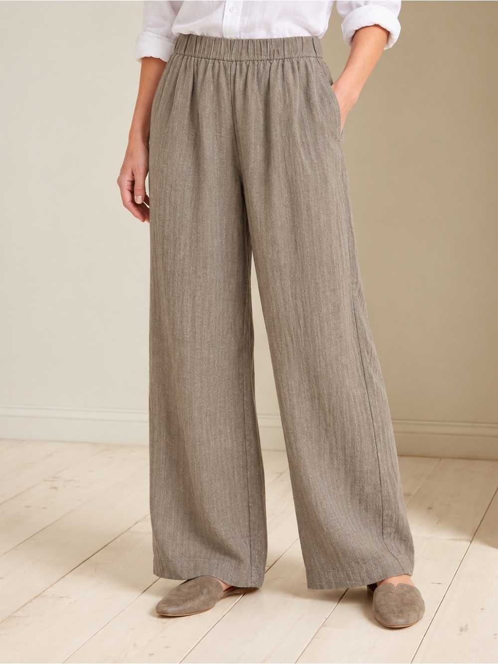 Eileen Fisher 100% Linen Textured Wide Leg Elastic Waist Pants Beige Large